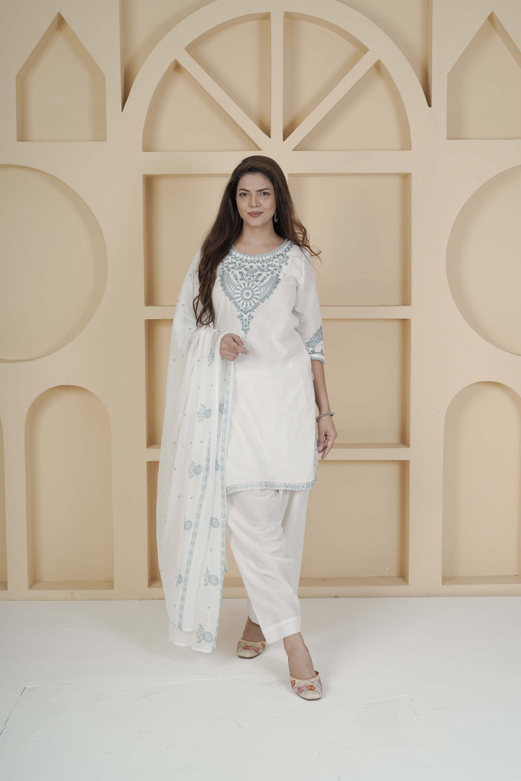 BARBEEE Embroidered Kurta, Patiala & Dupatta Set - Hema (White)