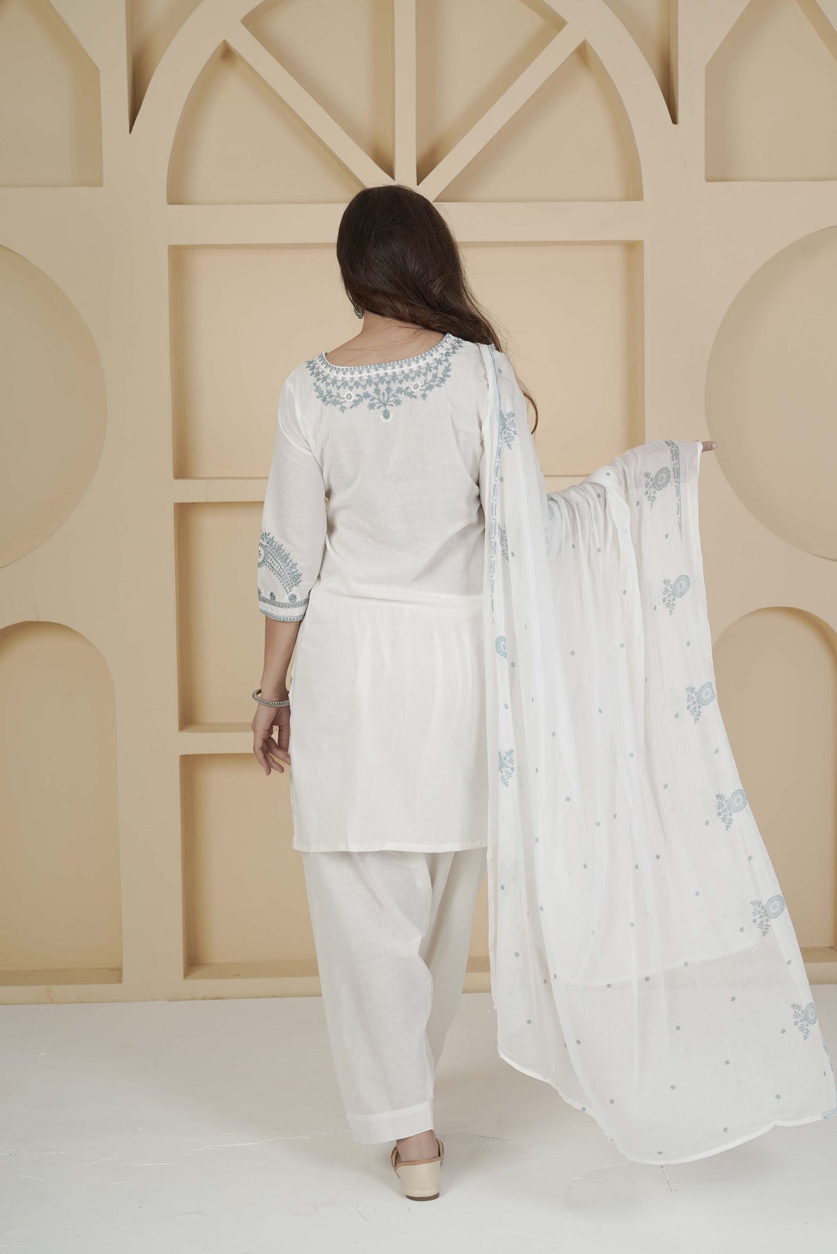 BARBEEE Embroidered Kurta, Patiala & Dupatta Set - Hema (White)