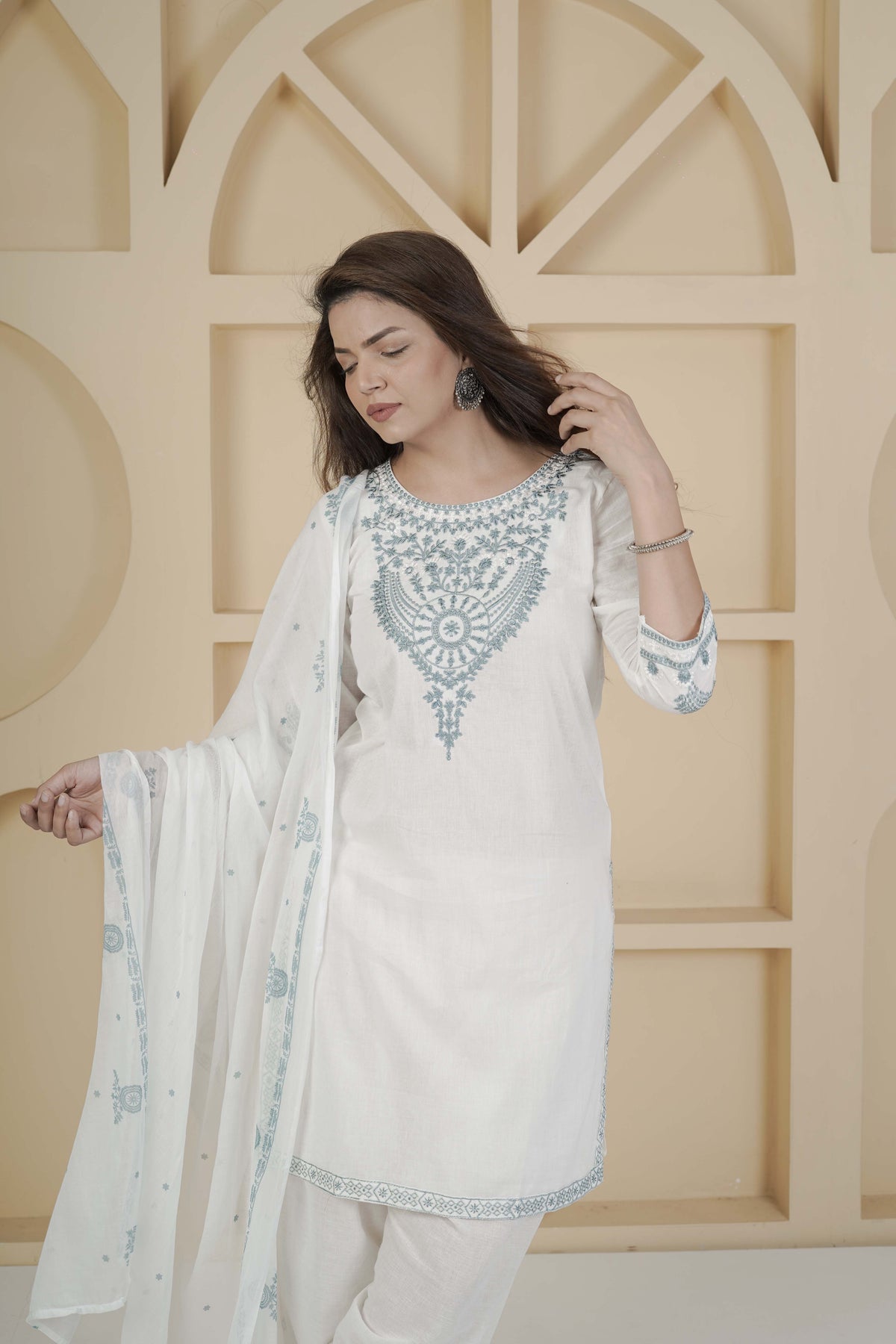 BARBEEE Embroidered Kurta, Patiala & Dupatta Set - Hema (White)