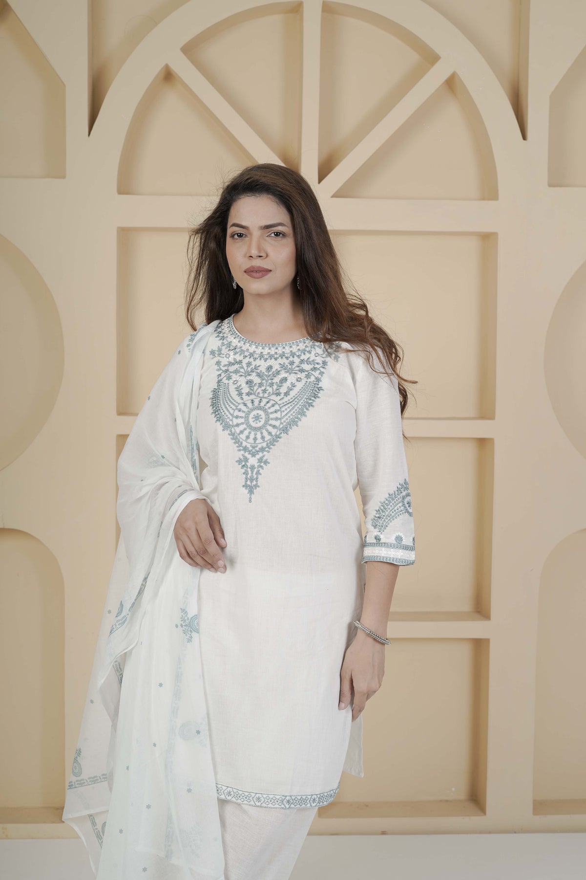 BARBEEE Embroidered Kurta, Patiala & Dupatta Set - Hema (White)