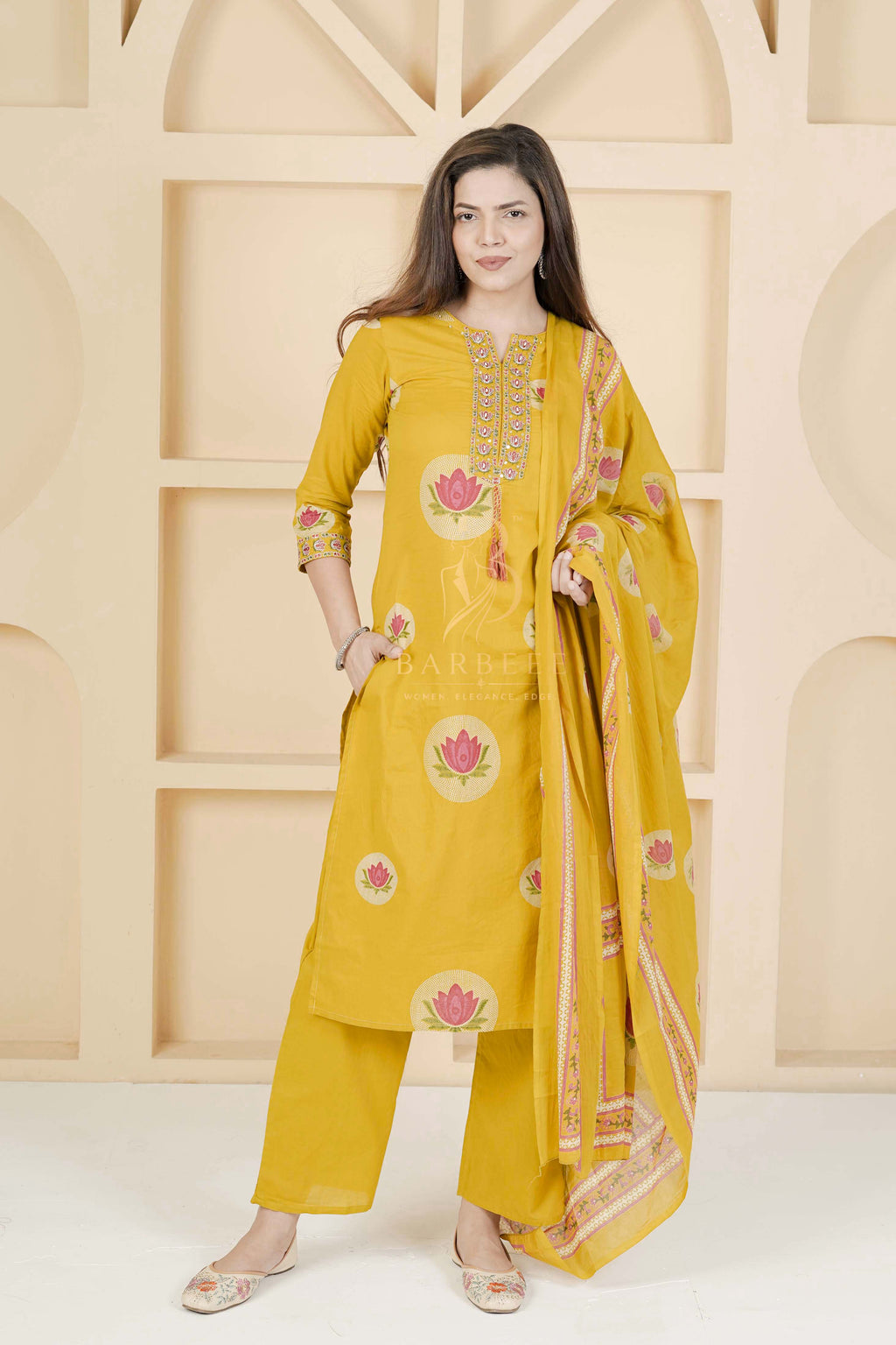 BARBEEE Embroidered, Floral Print Kurta, Trouser/Pant & Dupatta Set - Preeti (Mustard)