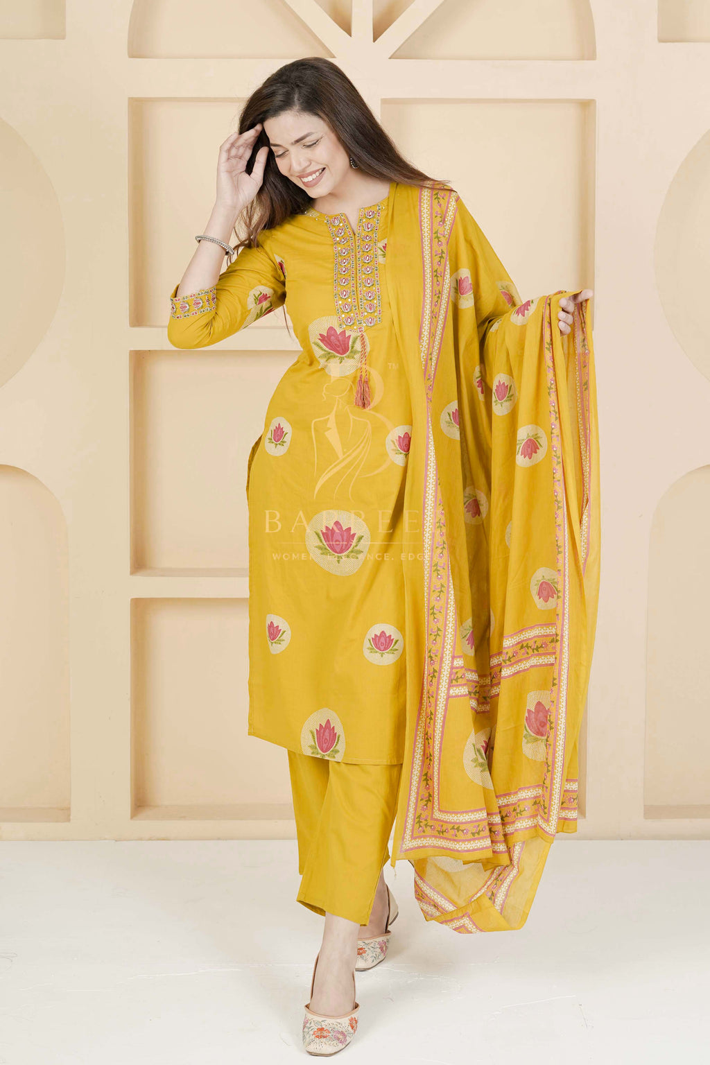 BARBEEE Embroidered, Floral Print Kurta, Trouser/Pant & Dupatta Set - Preeti (Mustard)