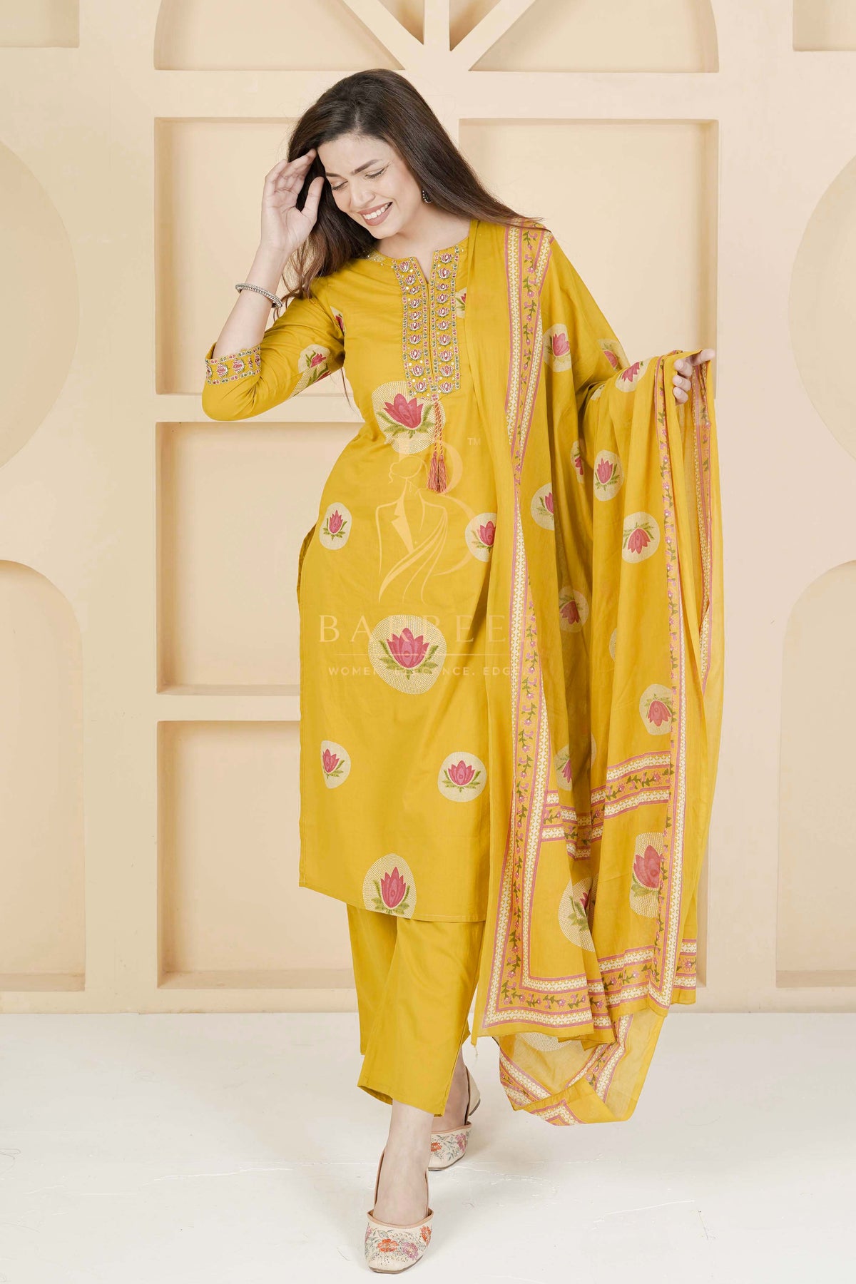 BARBEEE Embroidered, Floral Print Kurta, Trouser/Pant & Dupatta Set - Preeti (Mustard)