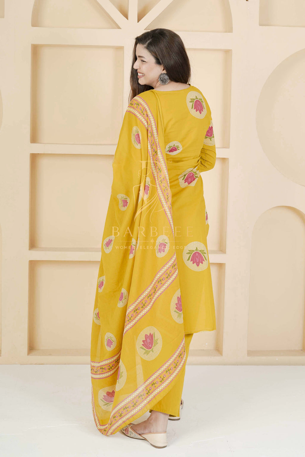 BARBEEE Embroidered, Floral Print Kurta, Trouser/Pant & Dupatta Set - Preeti (Mustard)