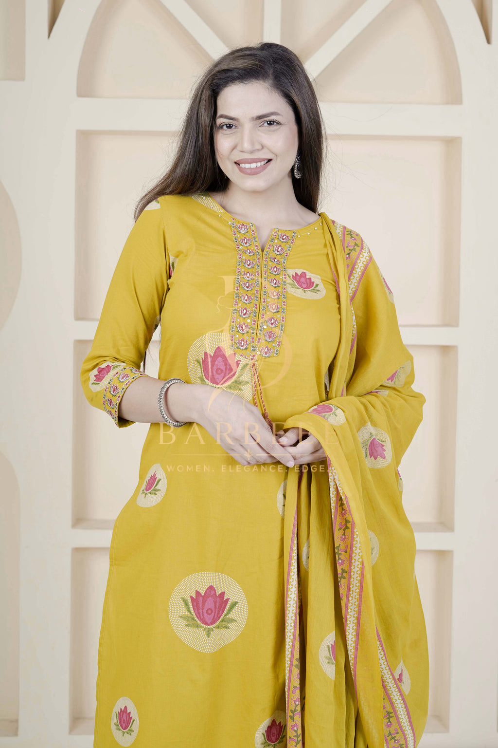 BARBEEE Embroidered, Floral Print Kurta, Trouser/Pant & Dupatta Set - Preeti (Mustard)