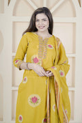 BARBEEE Embroidered, Floral Print Kurta, Trouser/Pant & Dupatta Set - Preeti (Mustard)