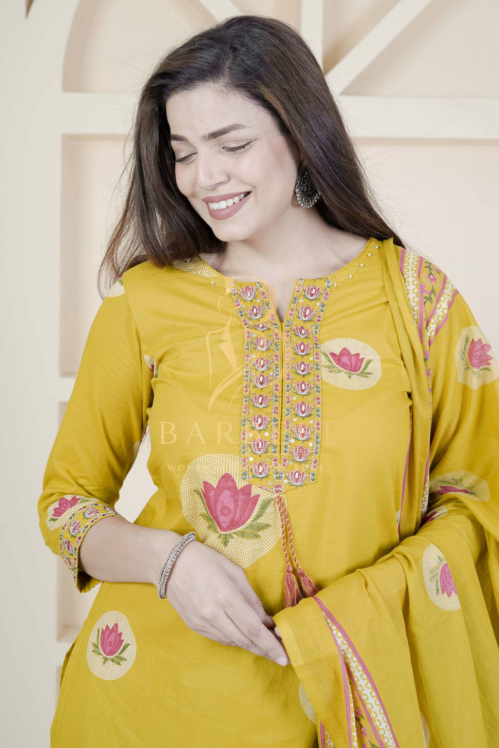 BARBEEE Embroidered, Floral Print Kurta, Trouser/Pant & Dupatta Set - Preeti (Mustard)