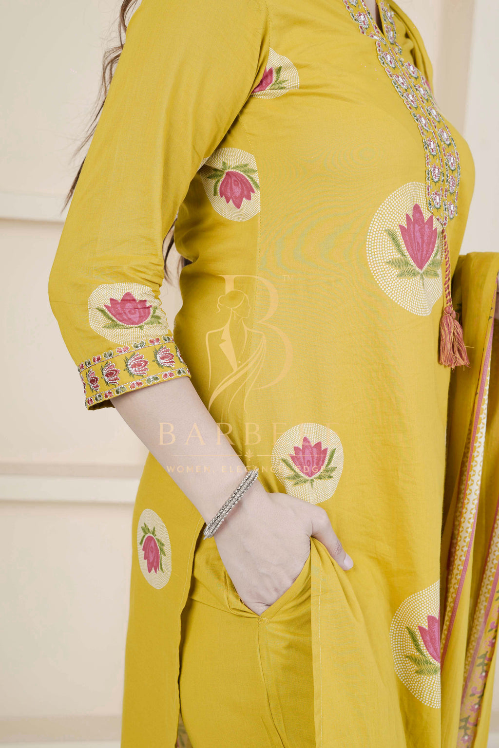 BARBEEE Embroidered, Floral Print Kurta, Trouser/Pant & Dupatta Set - Preeti (Mustard)