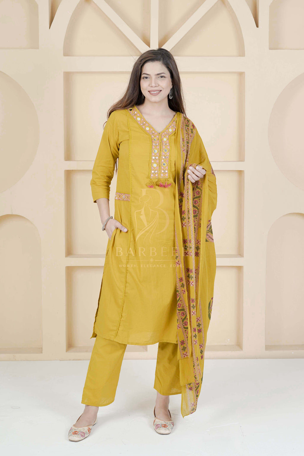 BARBEEE Embroidered Kurta, Trouser/Pant & Dupatta Set - Gia (Mustard)
