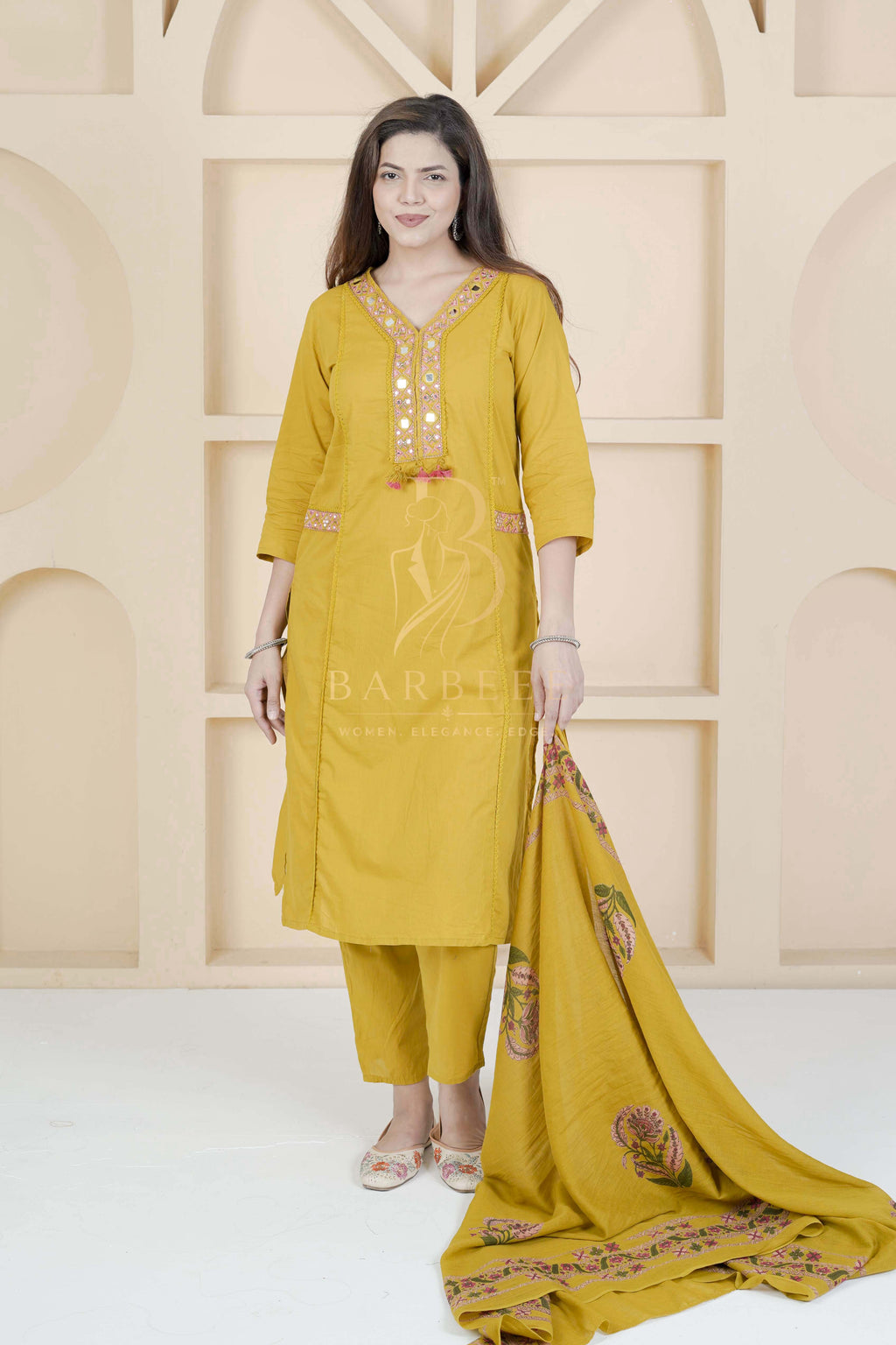 BARBEEE Embroidered Kurta, Trouser/Pant & Dupatta Set - Gia (Mustard)