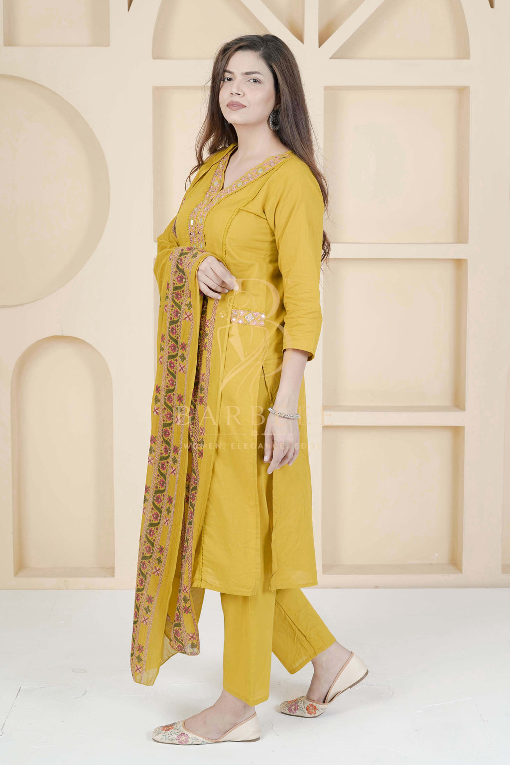 BARBEEE Embroidered Kurta, Trouser/Pant & Dupatta Set - Gia (Mustard)