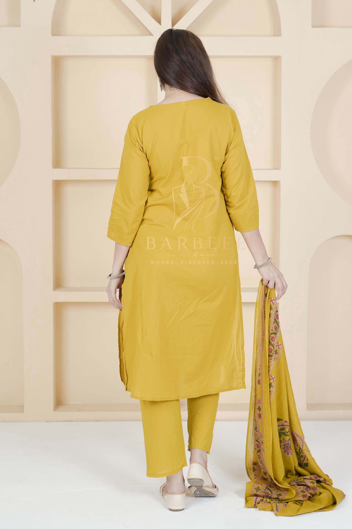 BARBEEE Embroidered Kurta, Trouser/Pant & Dupatta Set - Gia (Mustard)