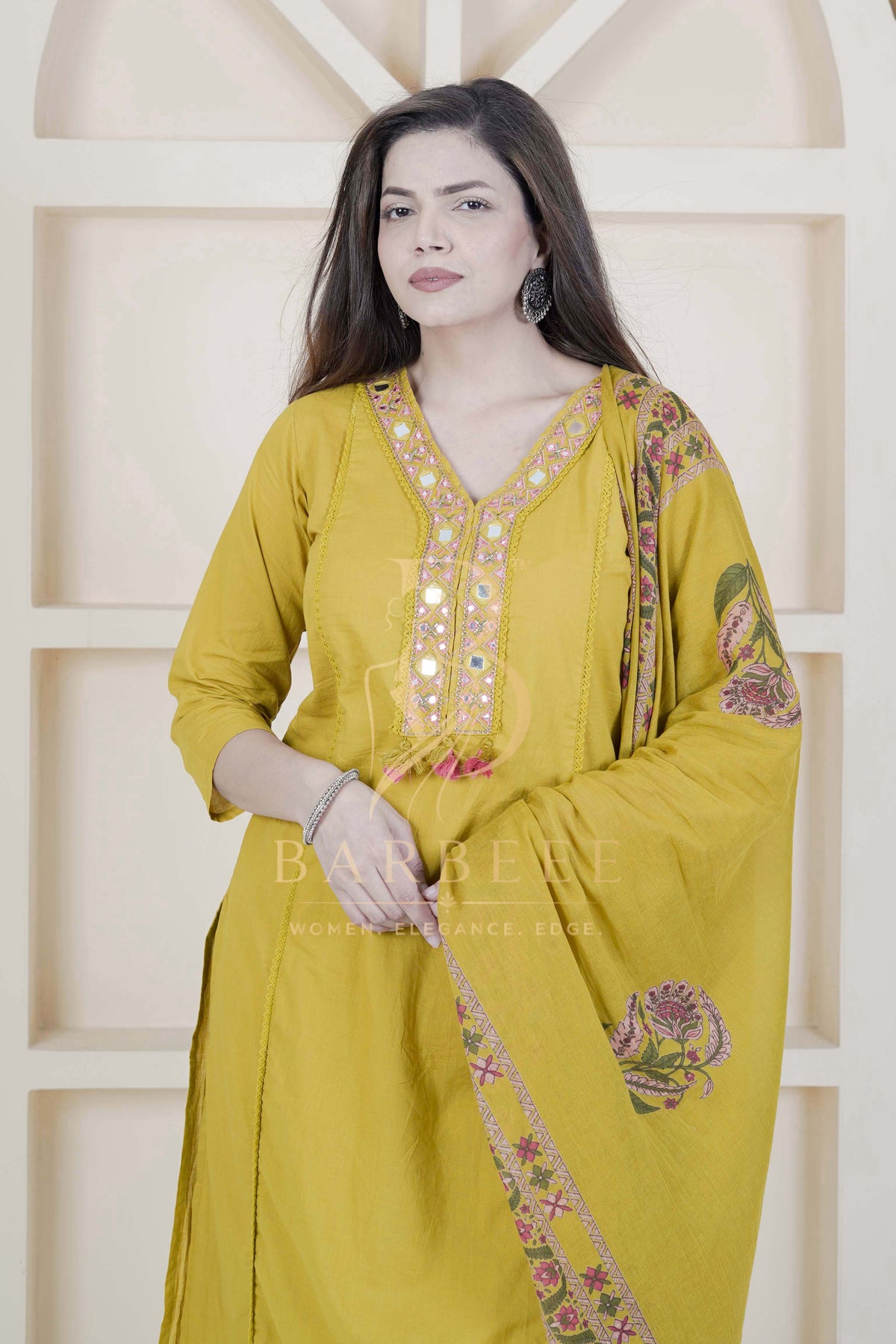 BARBEEE Embroidered Kurta, Trouser/Pant & Dupatta Set - Gia (Mustard)