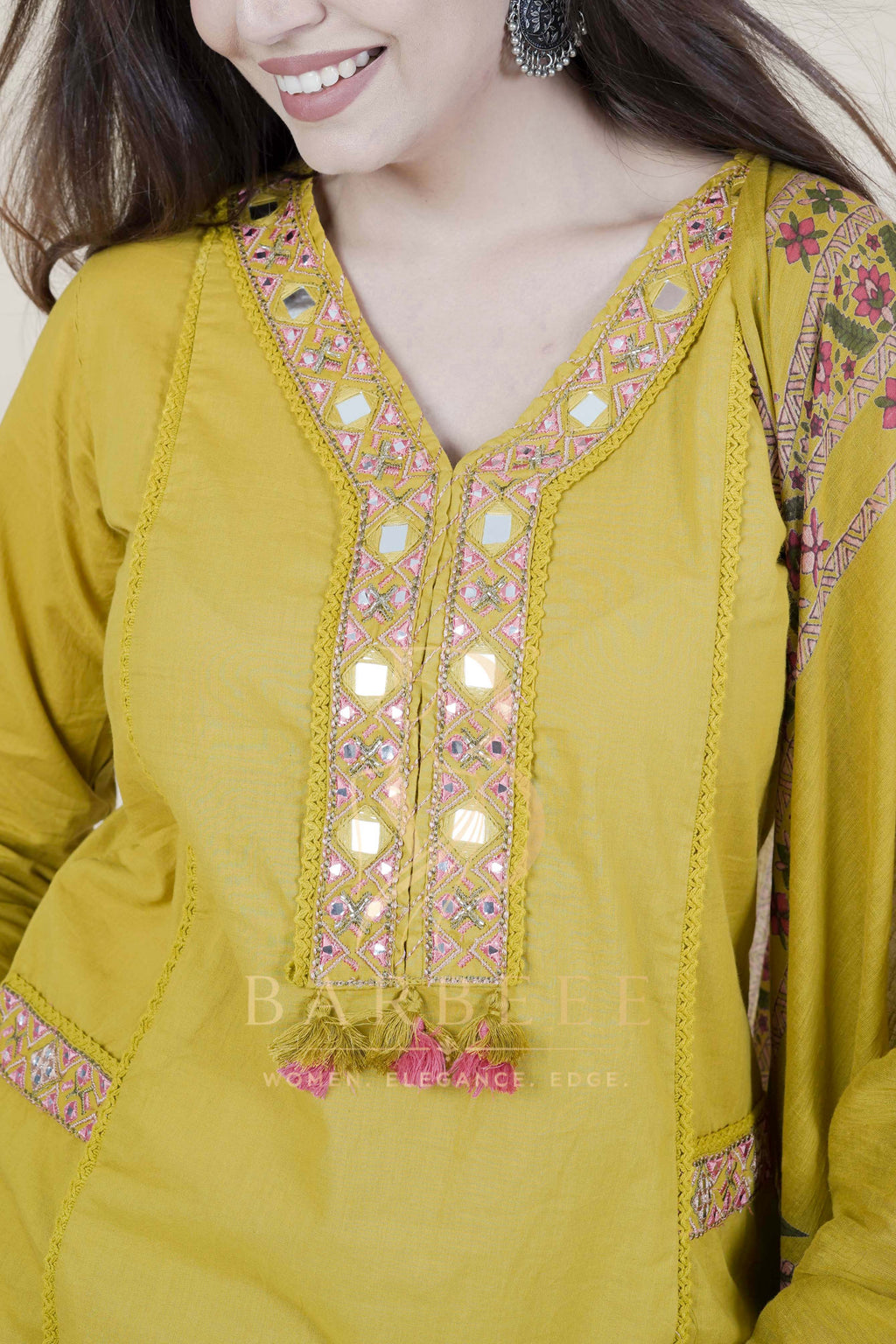 BARBEEE Embroidered Kurta, Trouser/Pant & Dupatta Set - Gia (Mustard)