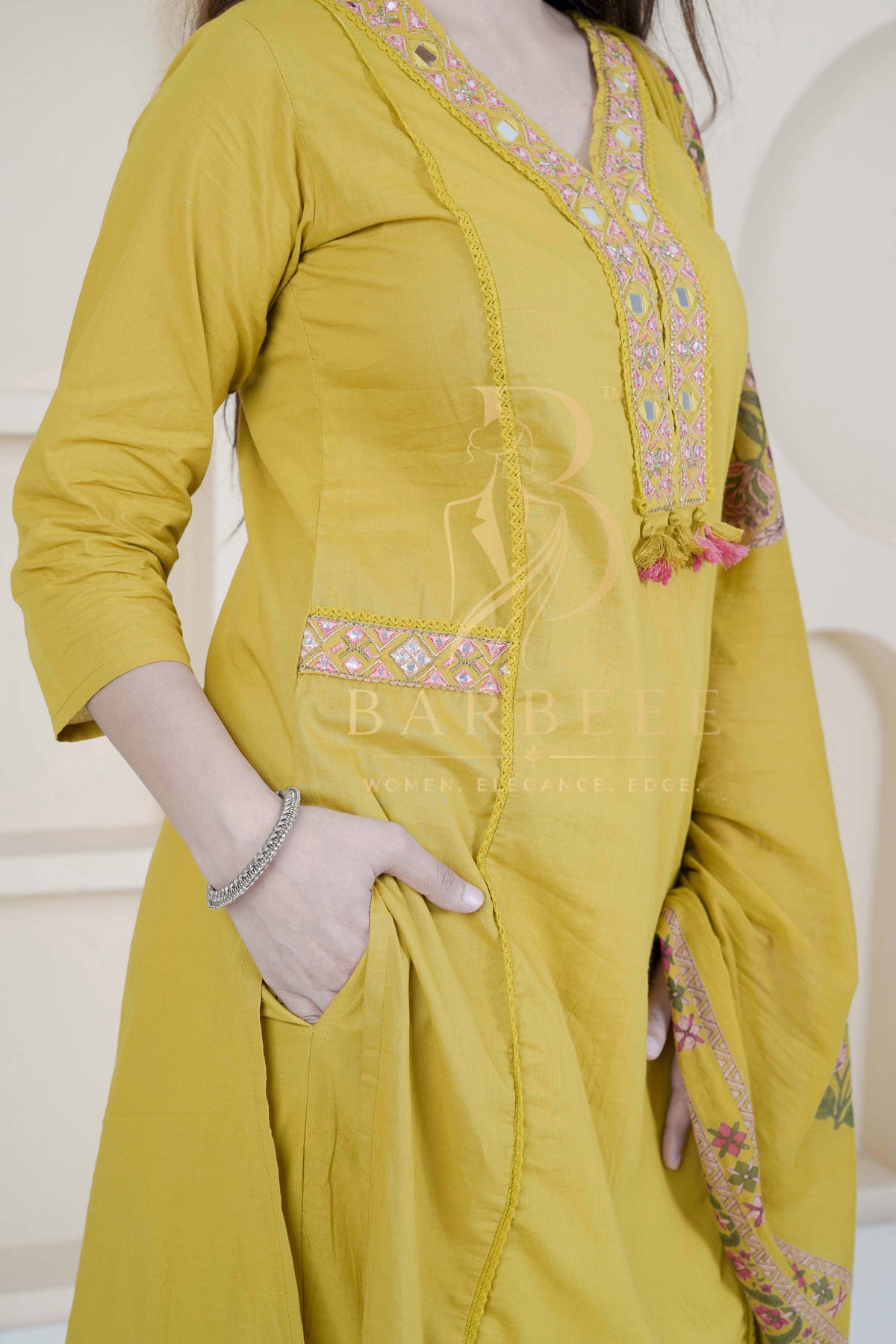 BARBEEE Embroidered Kurta, Trouser/Pant & Dupatta Set - Gia (Mustard)