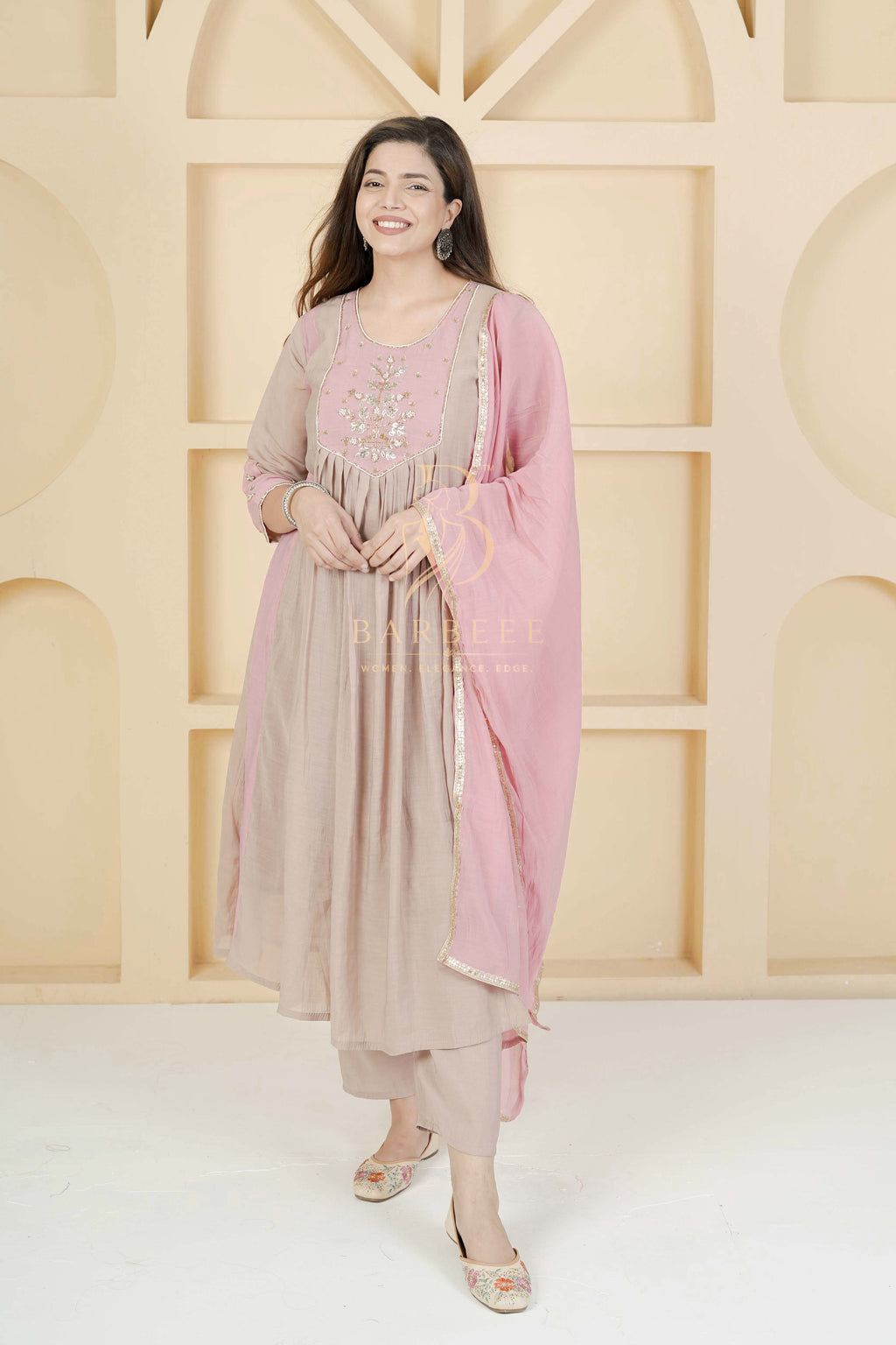 BARBEEE Embroidered Kurta, Trouser/Pant & Dupatta Set - Reva (Pink & Beige)