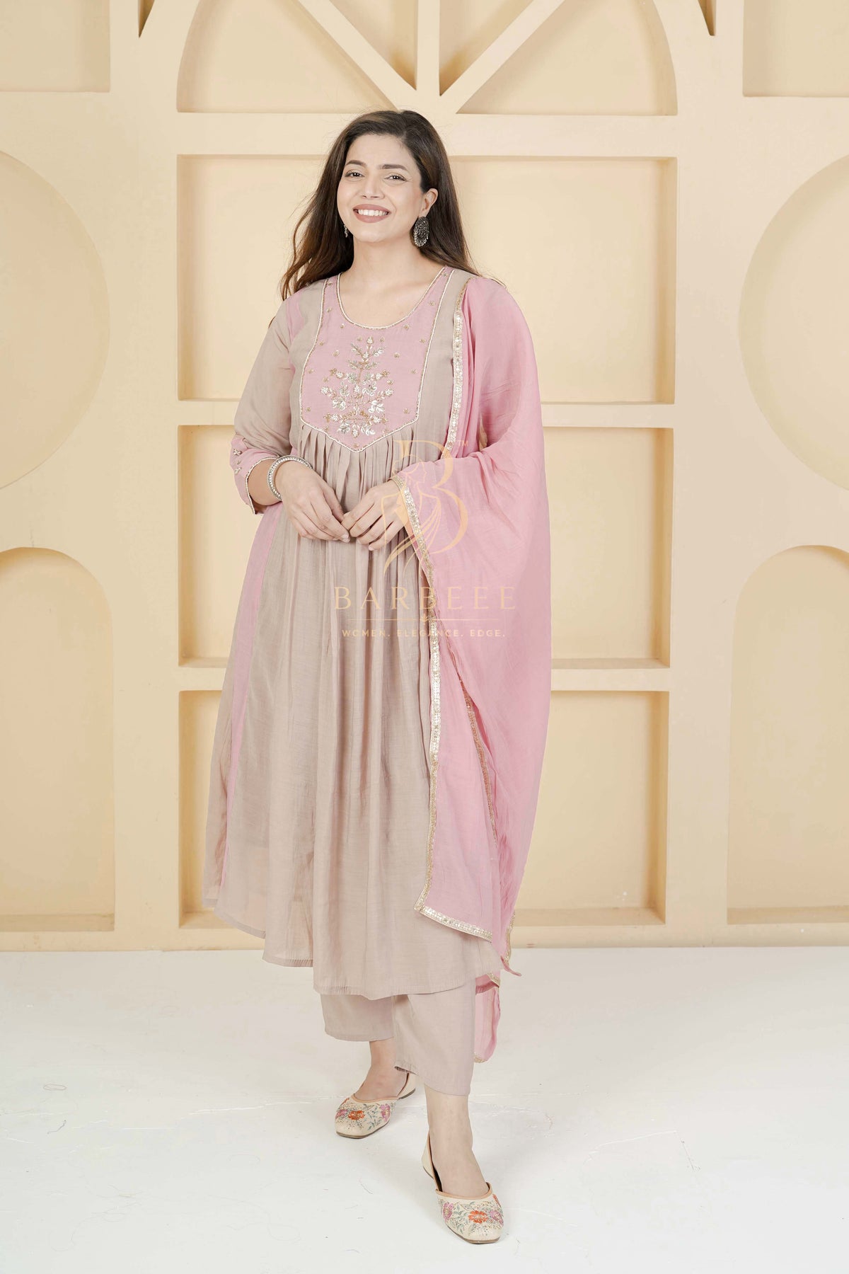 BARBEEE Embroidered Kurta, Trouser/Pant & Dupatta Set - Reva (Pink & Beige)