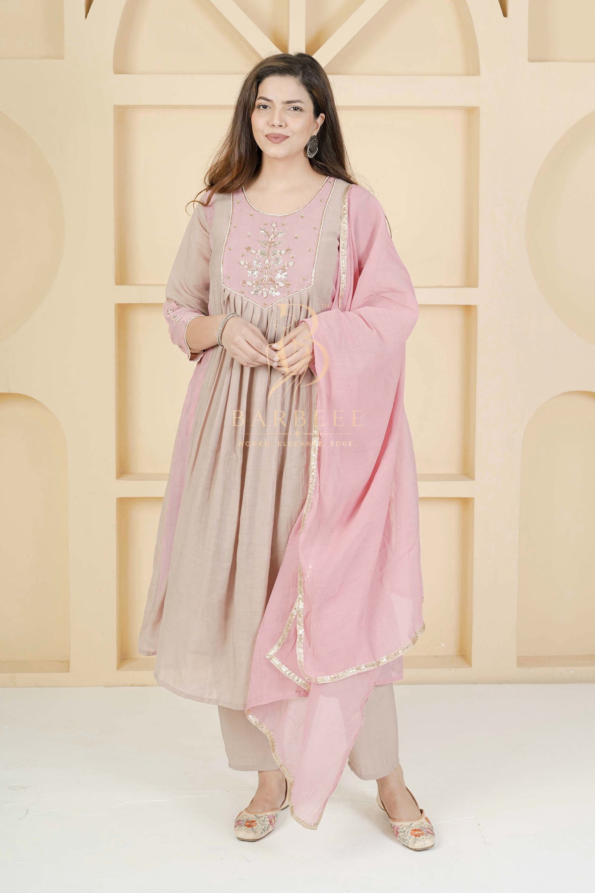 BARBEEE Embroidered Kurta, Trouser/Pant & Dupatta Set - Reva (Pink & Beige)