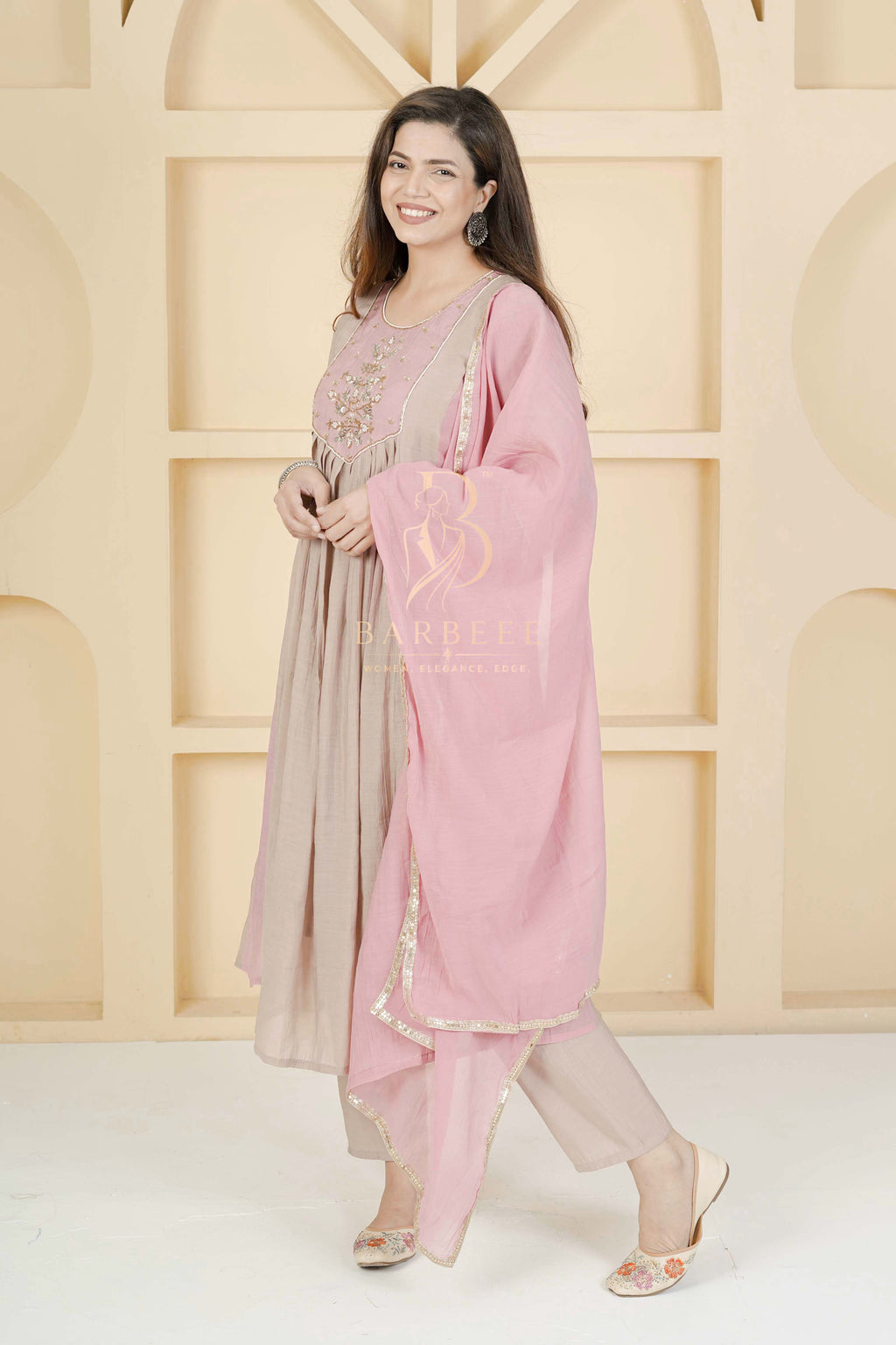BARBEEE Embroidered Kurta, Trouser/Pant & Dupatta Set - Reva (Pink & Beige)