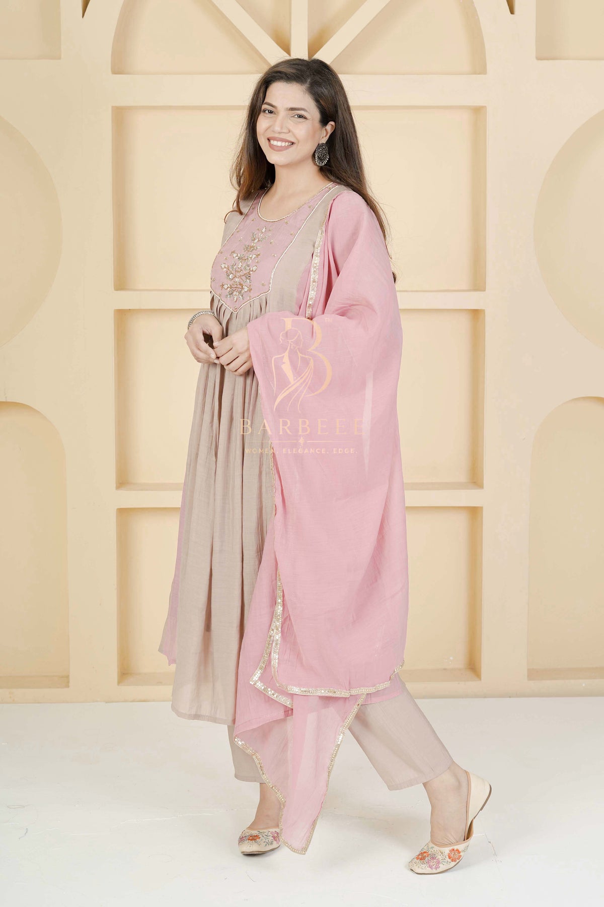 BARBEEE Embroidered Kurta, Trouser/Pant & Dupatta Set - Reva (Pink & Beige)