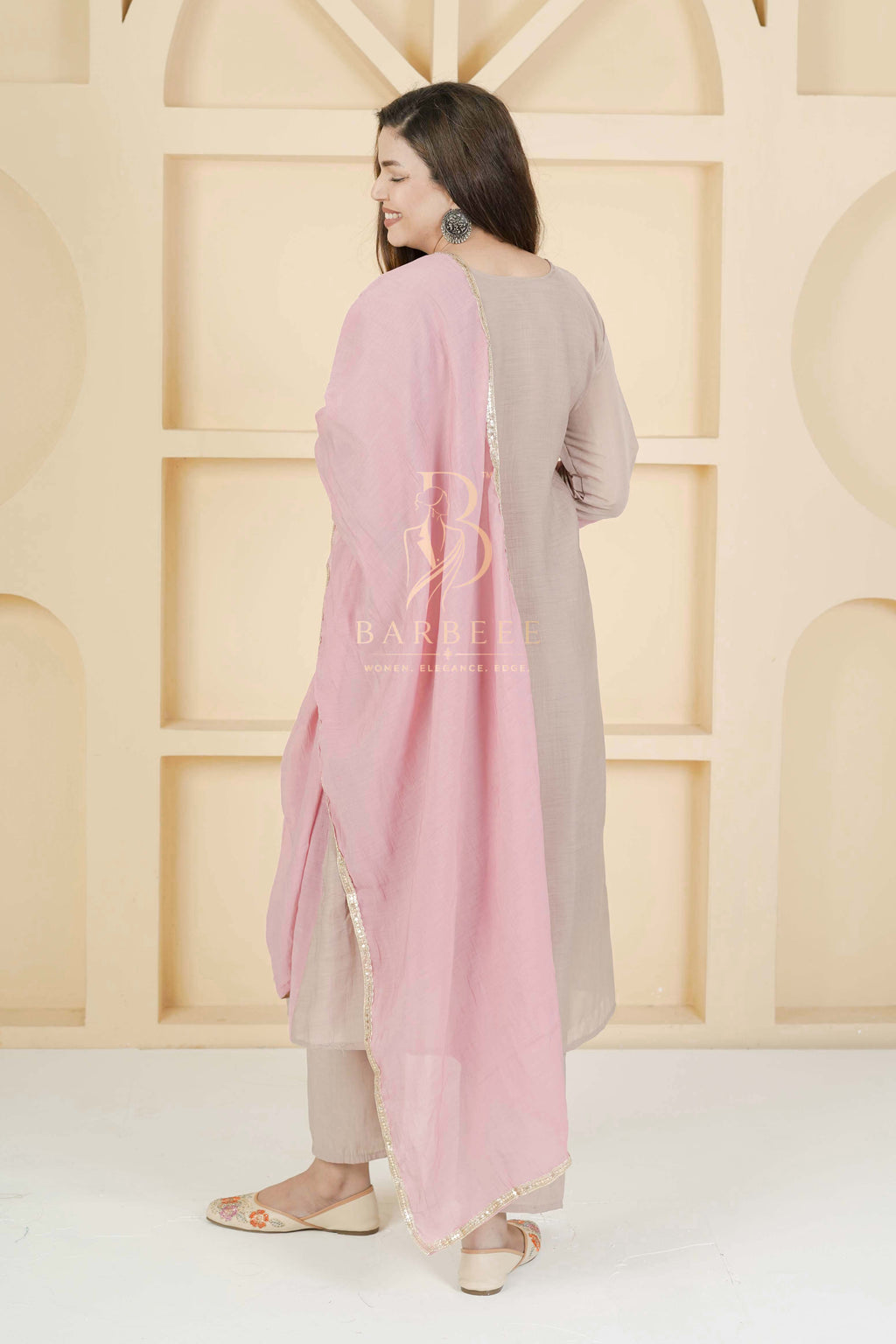BARBEEE Embroidered Kurta, Trouser/Pant & Dupatta Set - Reva (Pink & Beige)