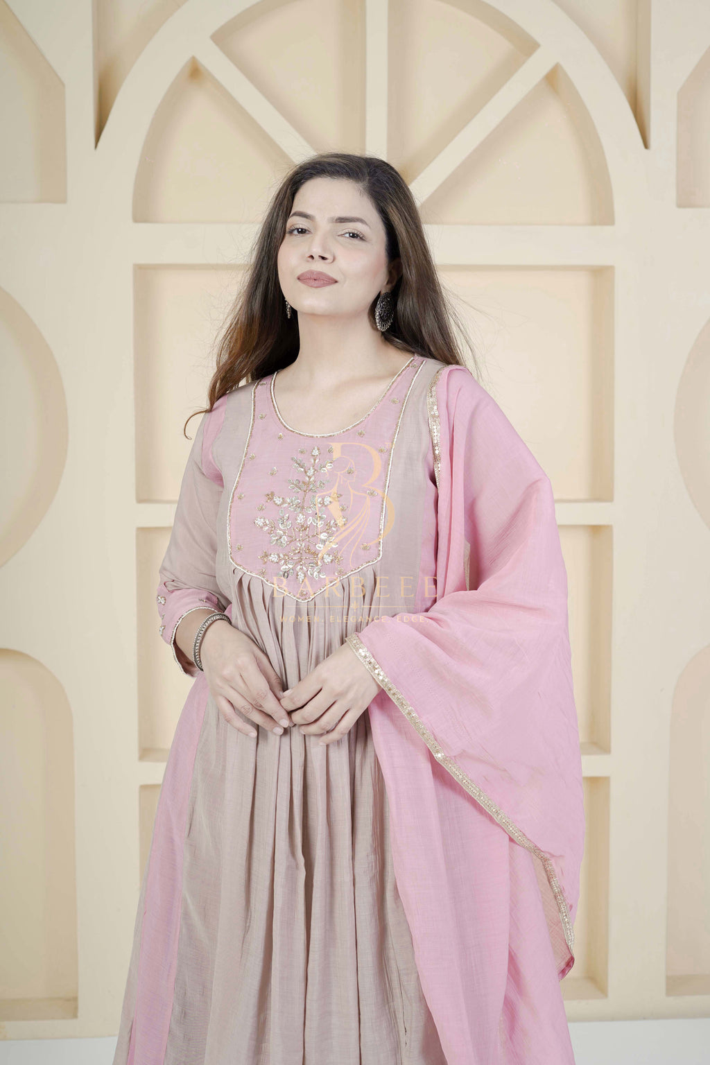 BARBEEE Embroidered Kurta, Trouser/Pant & Dupatta Set - Reva (Pink & Beige)