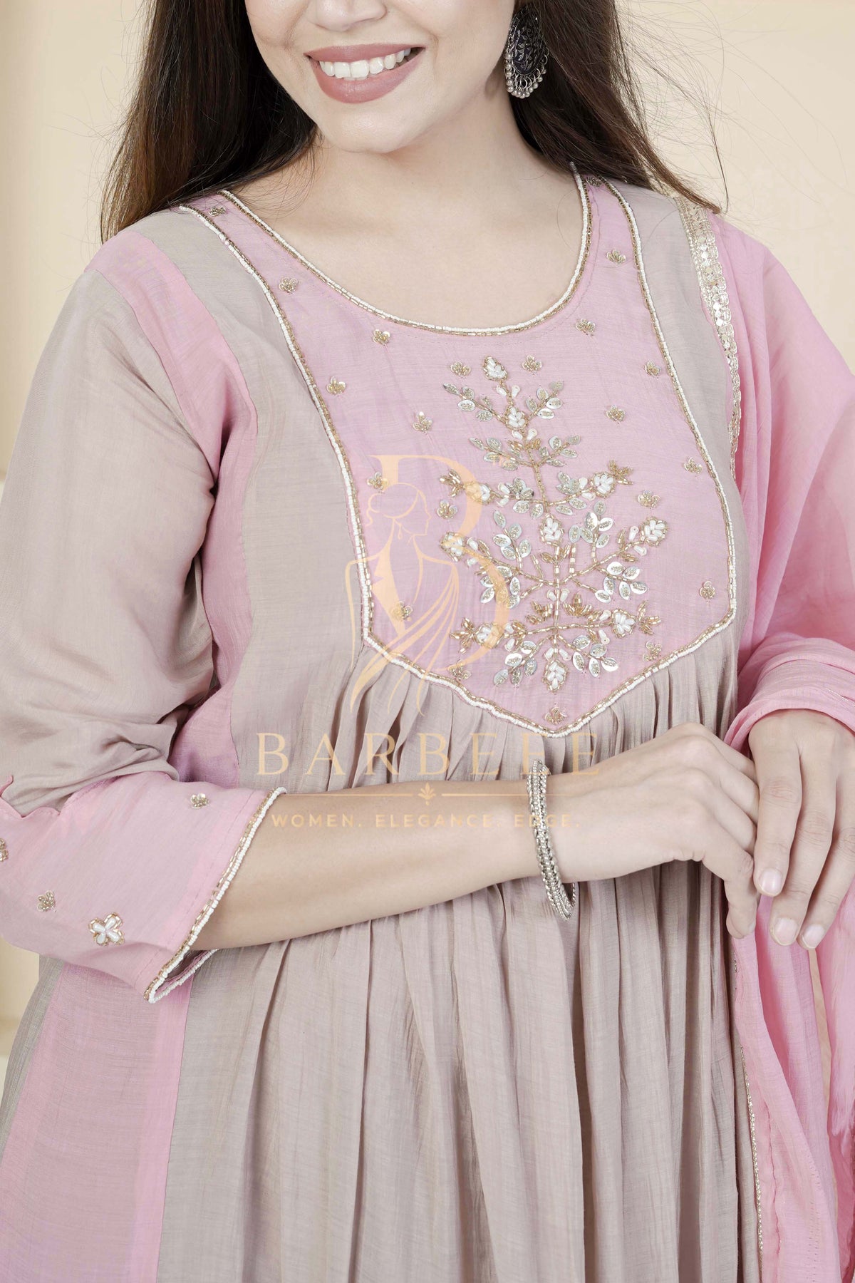 BARBEEE Embroidered Kurta, Trouser/Pant & Dupatta Set - Reva (Pink & Beige)