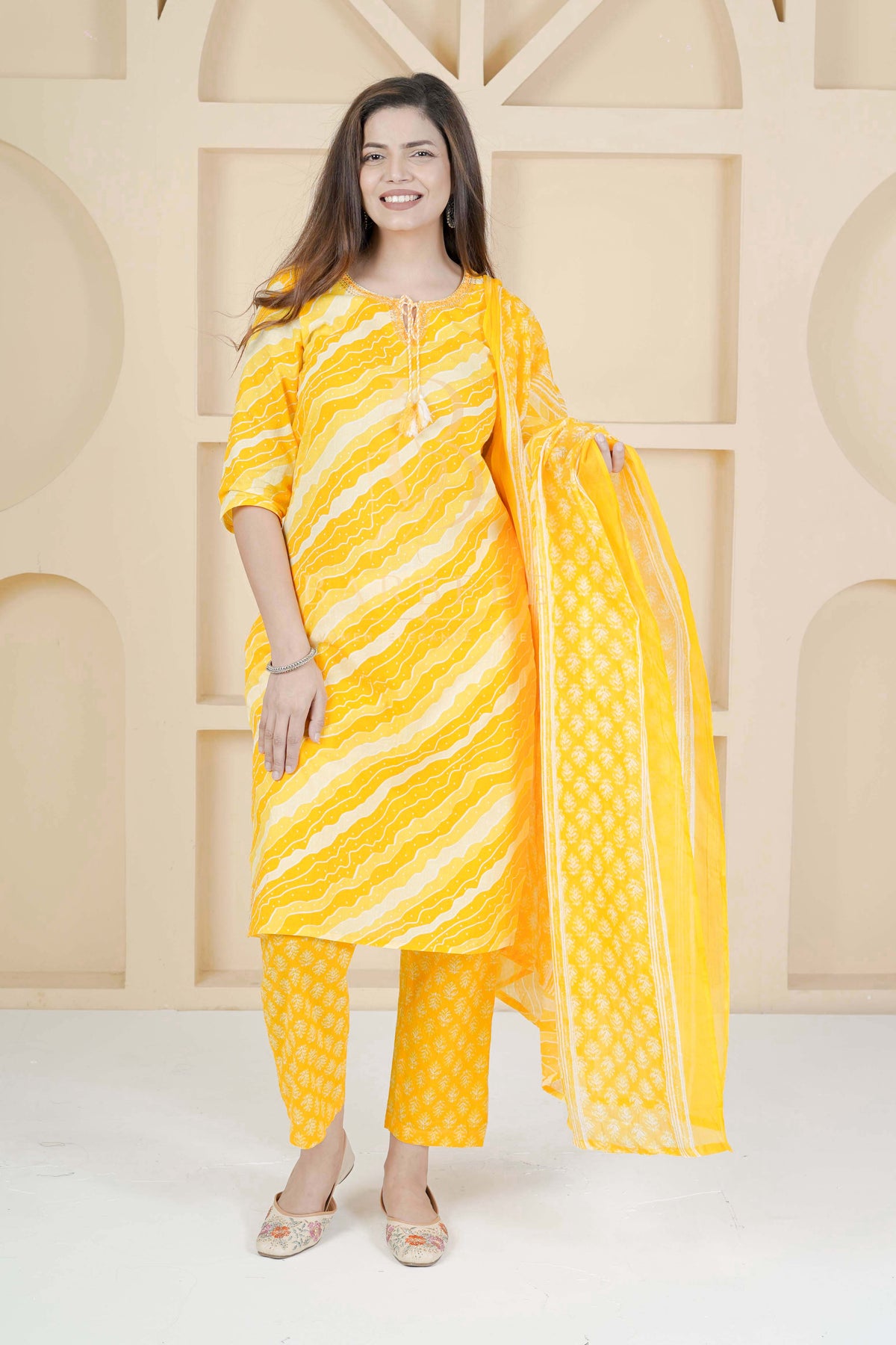 BARBEEE Embroidered, Floral Print Kurta, Trouser/Pant & Dupatta Set - Aarvi (Yellow)