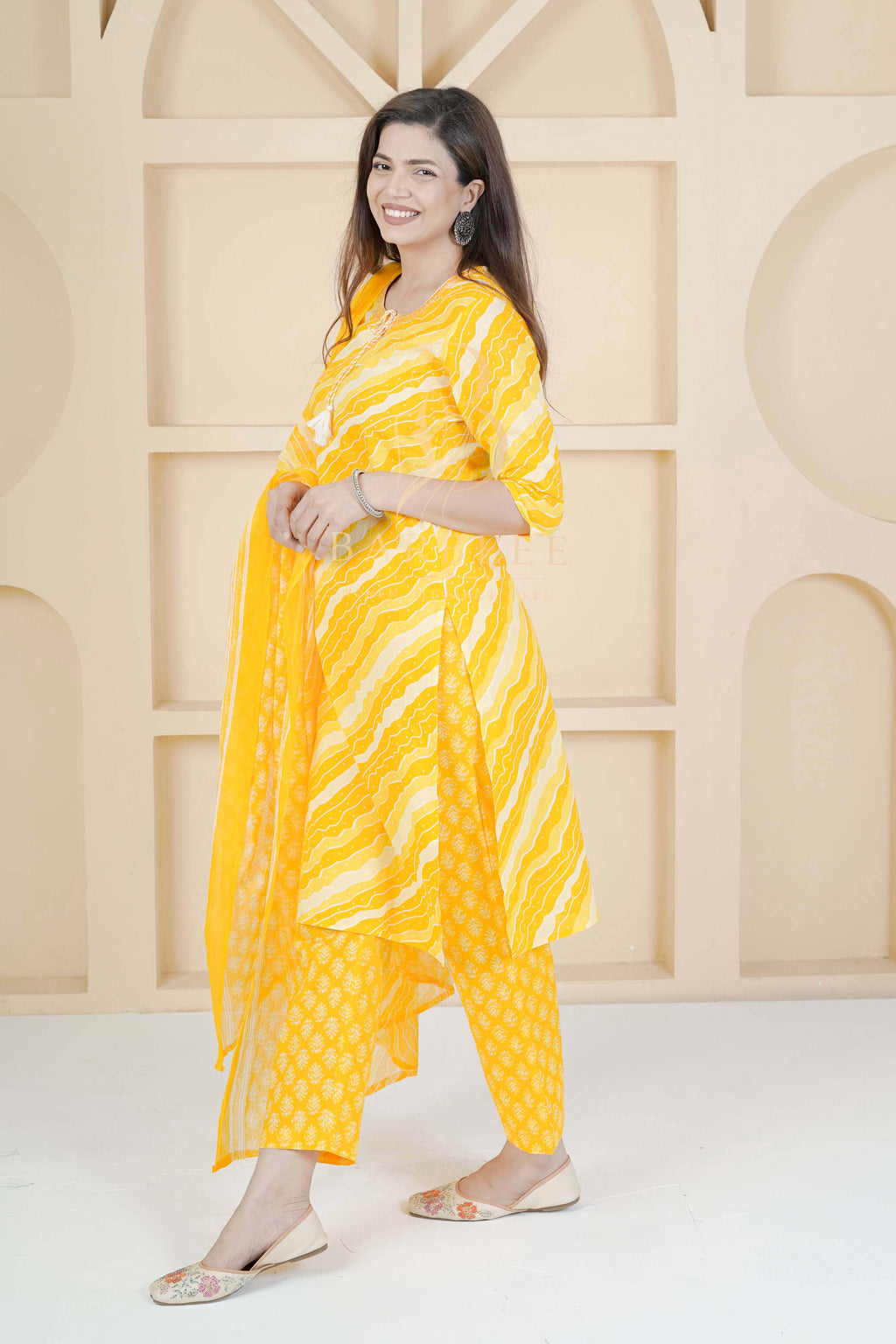 BARBEEE Embroidered, Floral Print Kurta, Trouser/Pant & Dupatta Set - Aarvi (Yellow)