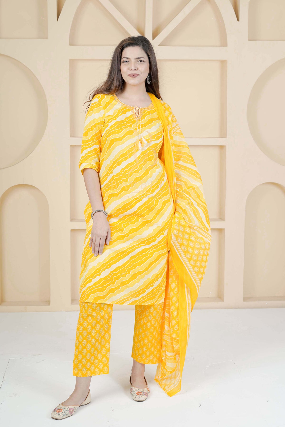 BARBEEE Embroidered, Floral Print Kurta, Trouser/Pant & Dupatta Set - Aarvi (Yellow)