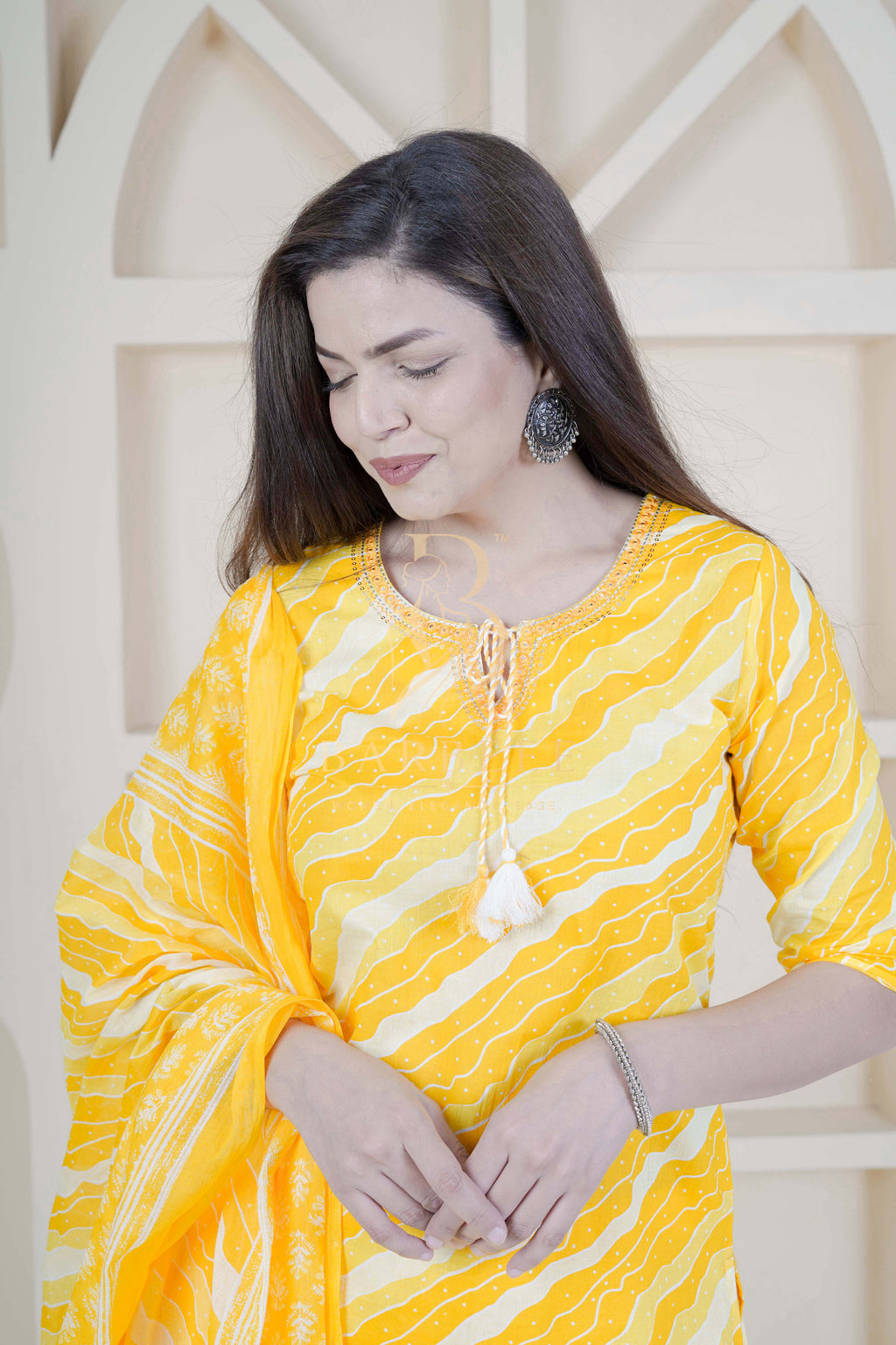 BARBEEE Embroidered, Floral Print Kurta, Trouser/Pant & Dupatta Set - Aarvi (Yellow)