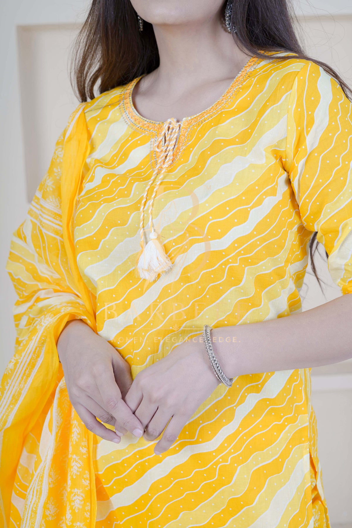 BARBEEE Embroidered, Floral Print Kurta, Trouser/Pant & Dupatta Set - Aarvi (Yellow)
