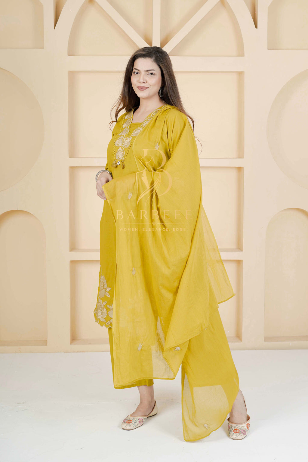 BARBEEE Embroidered Kurta, Trouser/Pant & Dupatta Set - Janhavi (Mustard)