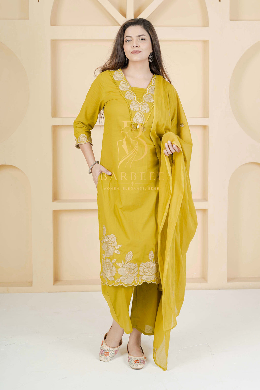 BARBEEE Embroidered Kurta, Trouser/Pant & Dupatta Set - Janhavi (Mustard)
