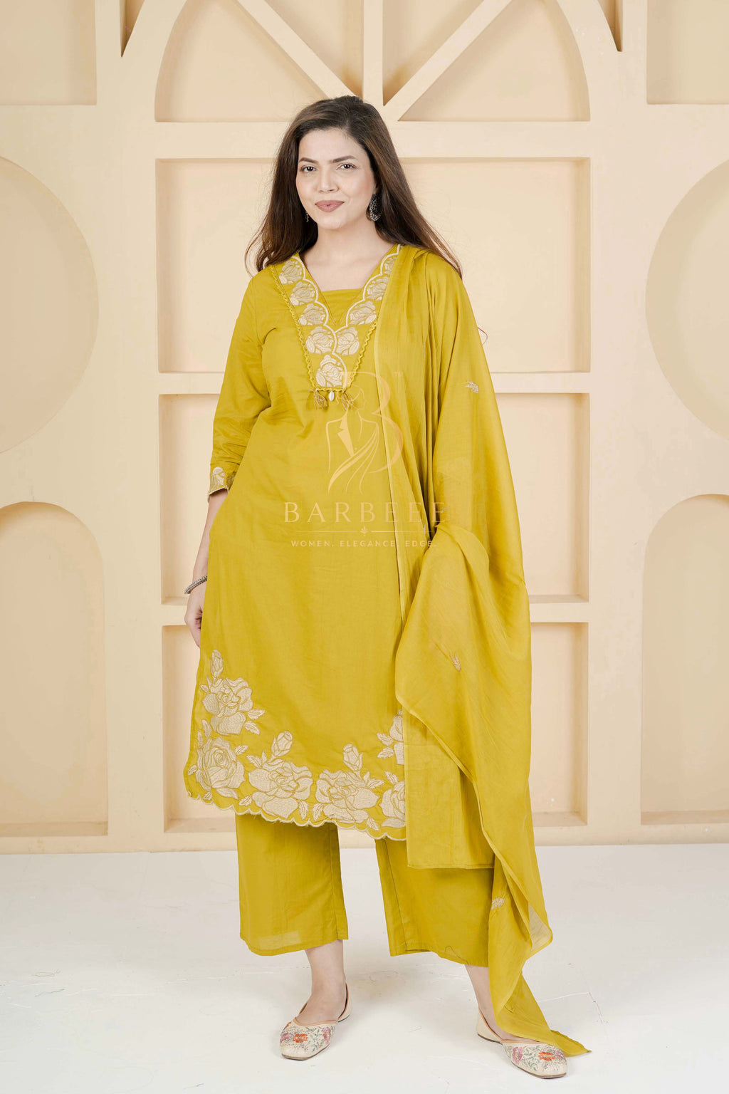 BARBEEE Embroidered Kurta, Trouser/Pant & Dupatta Set - Janhavi (Mustard)