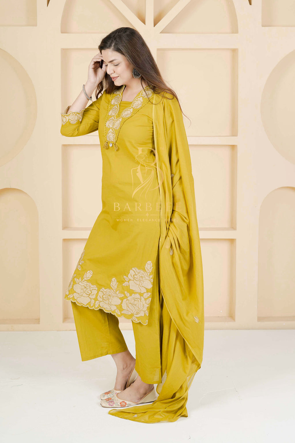BARBEEE Embroidered Kurta, Trouser/Pant & Dupatta Set - Janhavi (Mustard)