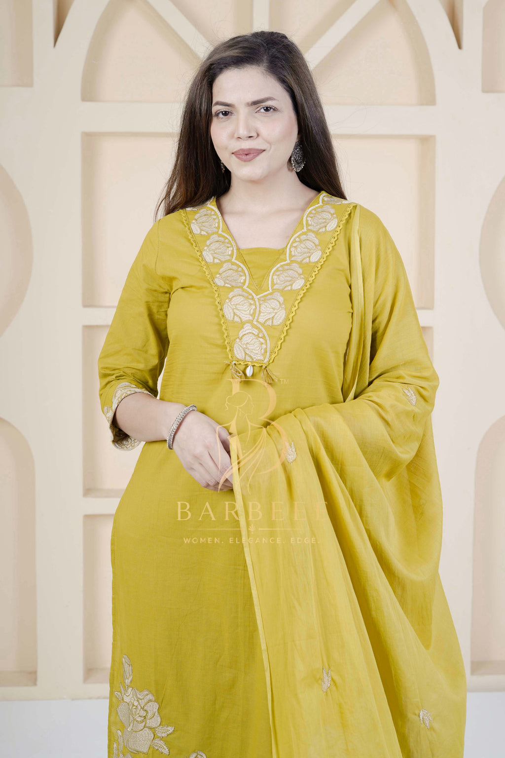 BARBEEE Embroidered Kurta, Trouser/Pant & Dupatta Set - Janhavi (Mustard)