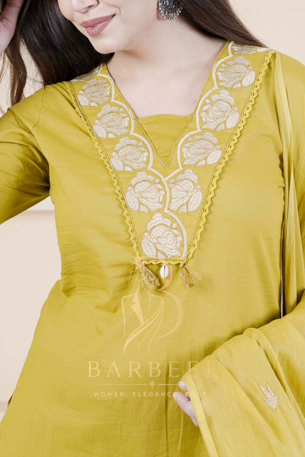 BARBEEE Embroidered Kurta, Trouser/Pant & Dupatta Set - Janhavi (Mustard)