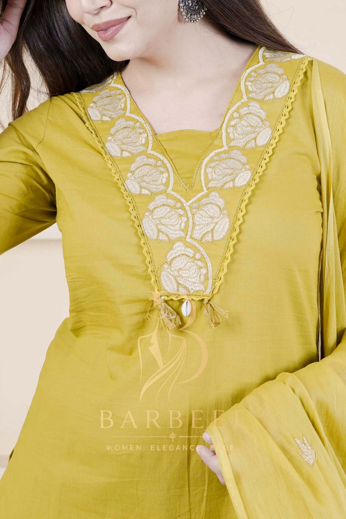 BARBEEE Embroidered Kurta, Trouser/Pant & Dupatta Set - Janhavi (Mustard)