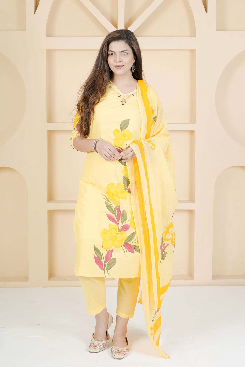 BARBEEE Embroidered, Floral Print, Printed Kurta, Trouser/Pant & Dupatta Set - Inaya (Yellow)