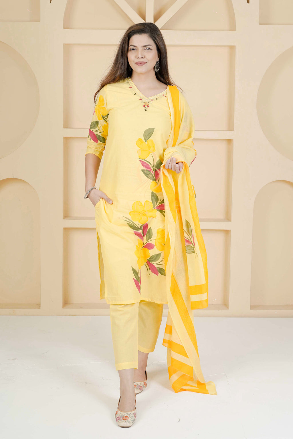 BARBEEE Embroidered, Floral Print, Printed Kurta, Trouser/Pant & Dupatta Set - Inaya (Yellow)