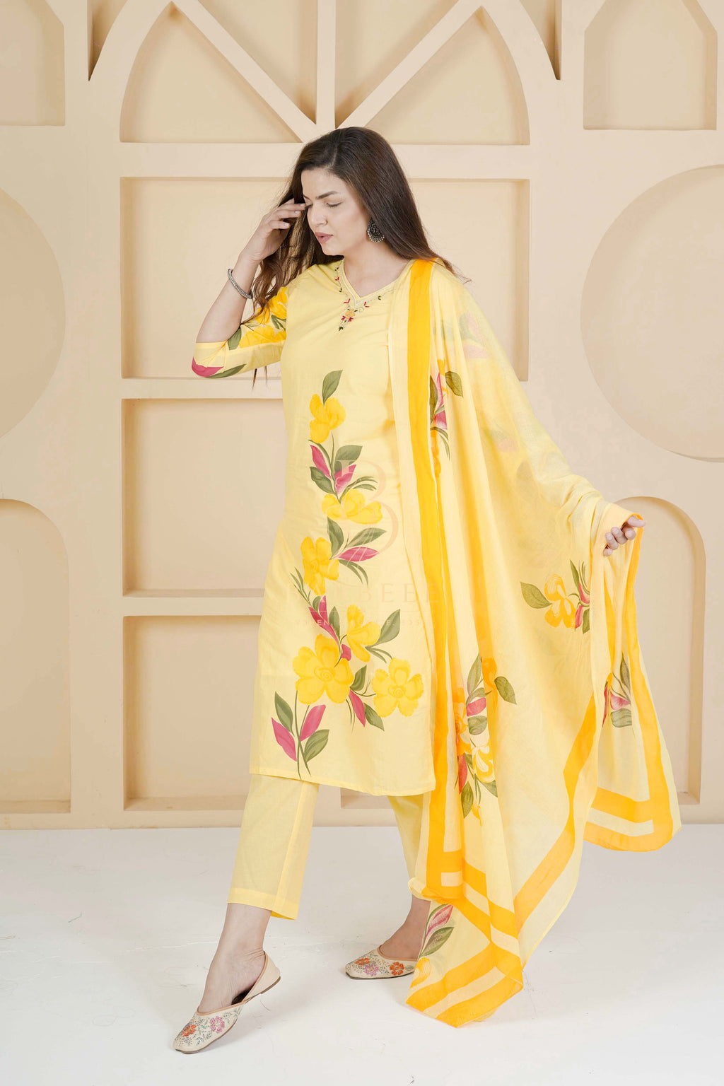 BARBEEE Embroidered, Floral Print, Printed Kurta, Trouser/Pant & Dupatta Set - Inaya (Yellow)