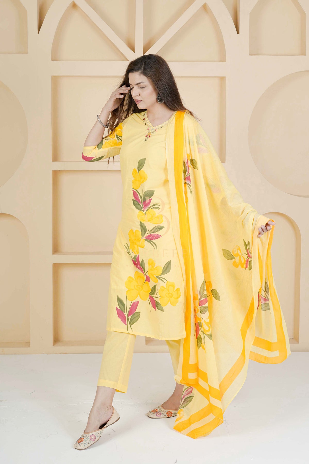 BARBEEE Embroidered, Floral Print, Printed Kurta, Trouser/Pant & Dupatta Set - Inaya (Yellow)