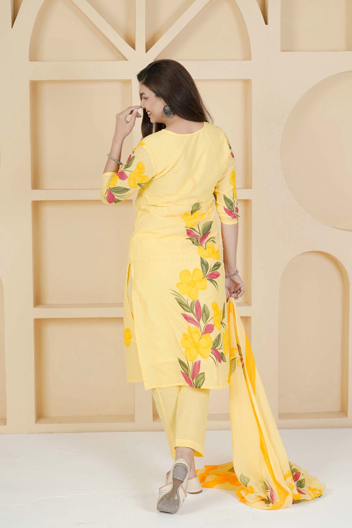 BARBEEE Embroidered, Floral Print, Printed Kurta, Trouser/Pant & Dupatta Set - Inaya (Yellow)