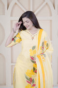 BARBEEE Embroidered, Floral Print, Printed Kurta, Trouser/Pant & Dupatta Set - Inaya (Yellow)