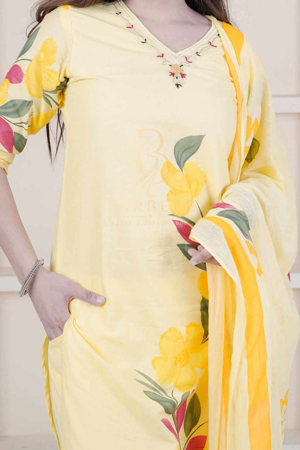 BARBEEE Embroidered, Floral Print, Printed Kurta, Trouser/Pant & Dupatta Set - Inaya (Yellow)