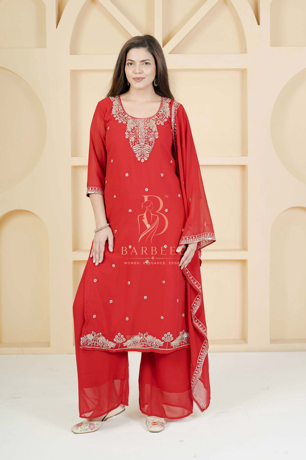 BARBEEE Embroidered, Embellished Kurta, Trouser/Pant & Dupatta Set - Tarini (Red)