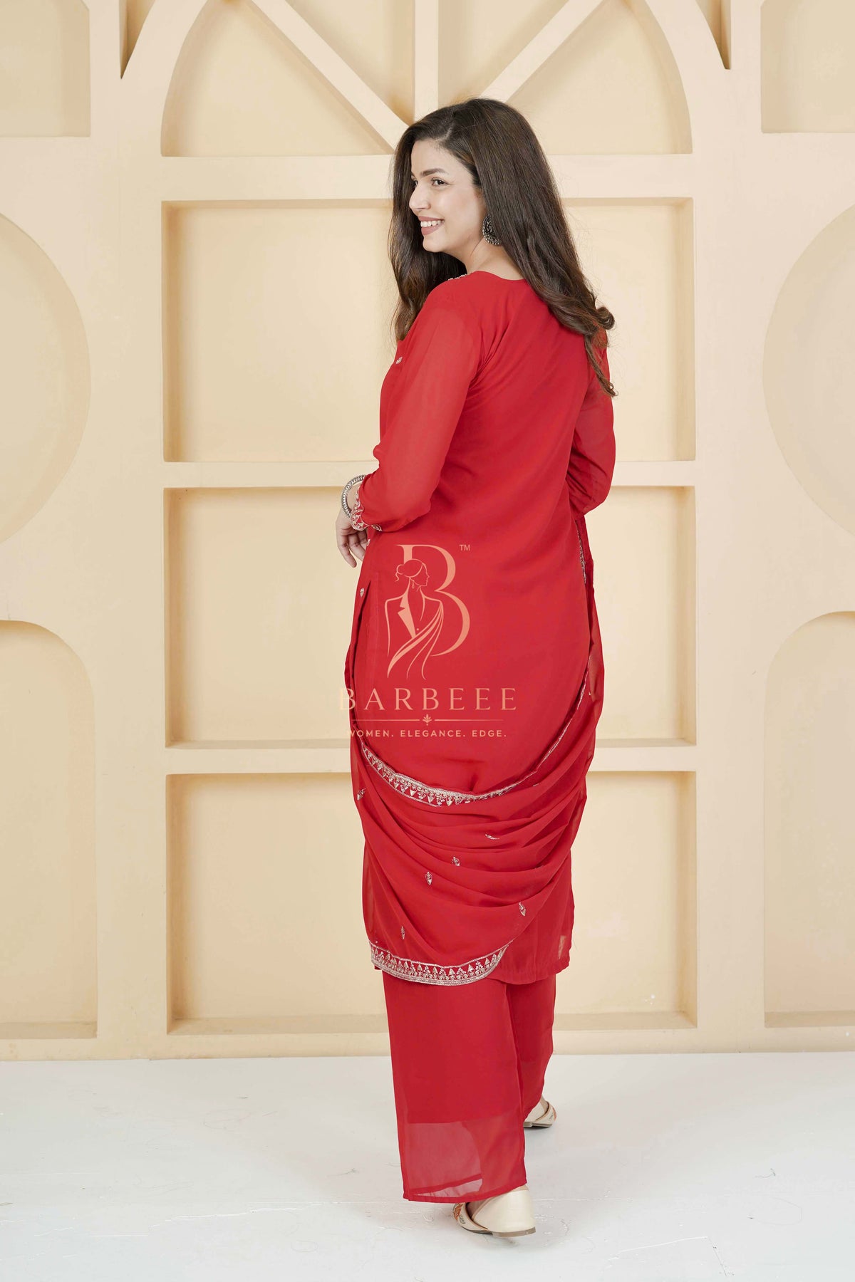 BARBEEE Embroidered, Embellished Kurta, Trouser/Pant & Dupatta Set - Tarini (Red)