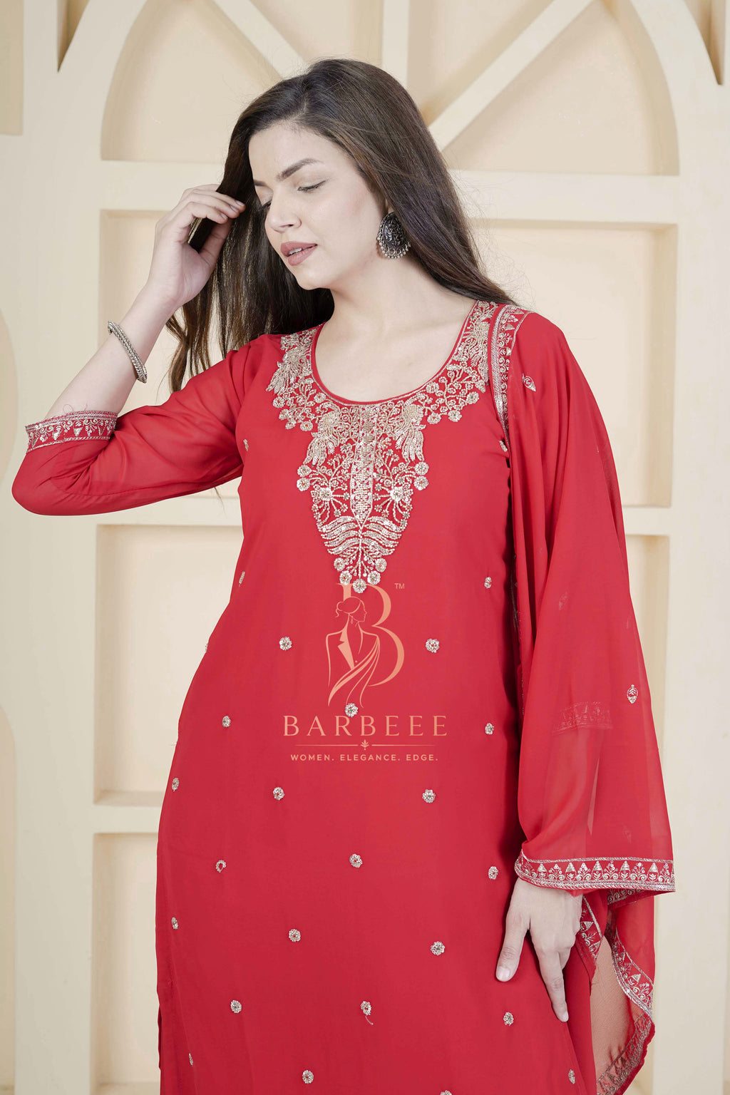 BARBEEE Embroidered, Embellished Kurta, Trouser/Pant & Dupatta Set - Tarini (Red)