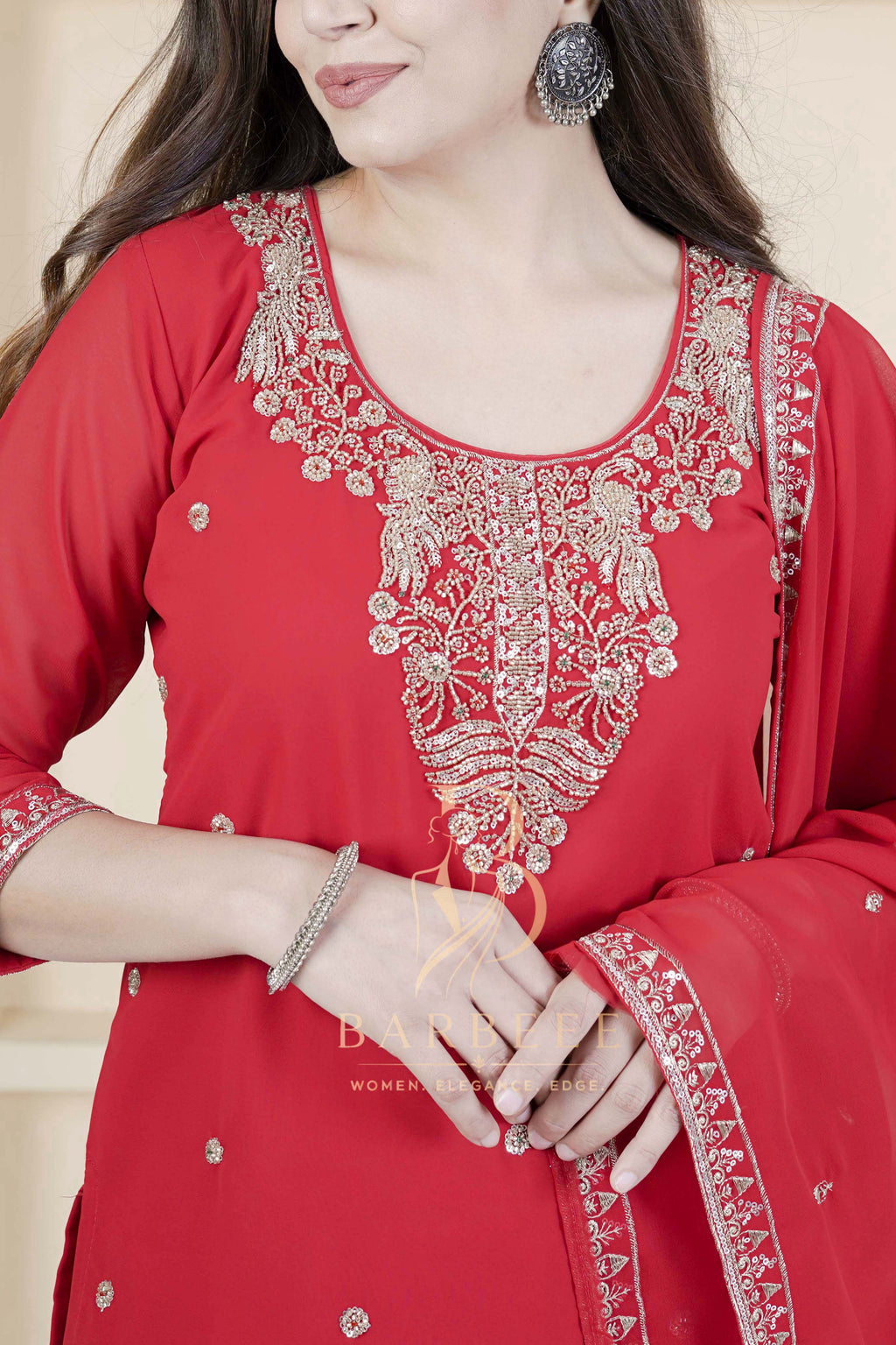 BARBEEE Embroidered, Embellished Kurta, Trouser/Pant & Dupatta Set - Tarini (Red)